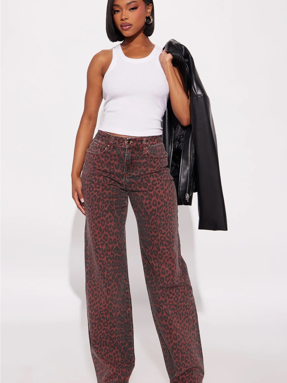 Leopard Print Wide-Leg Pants - Burgundy